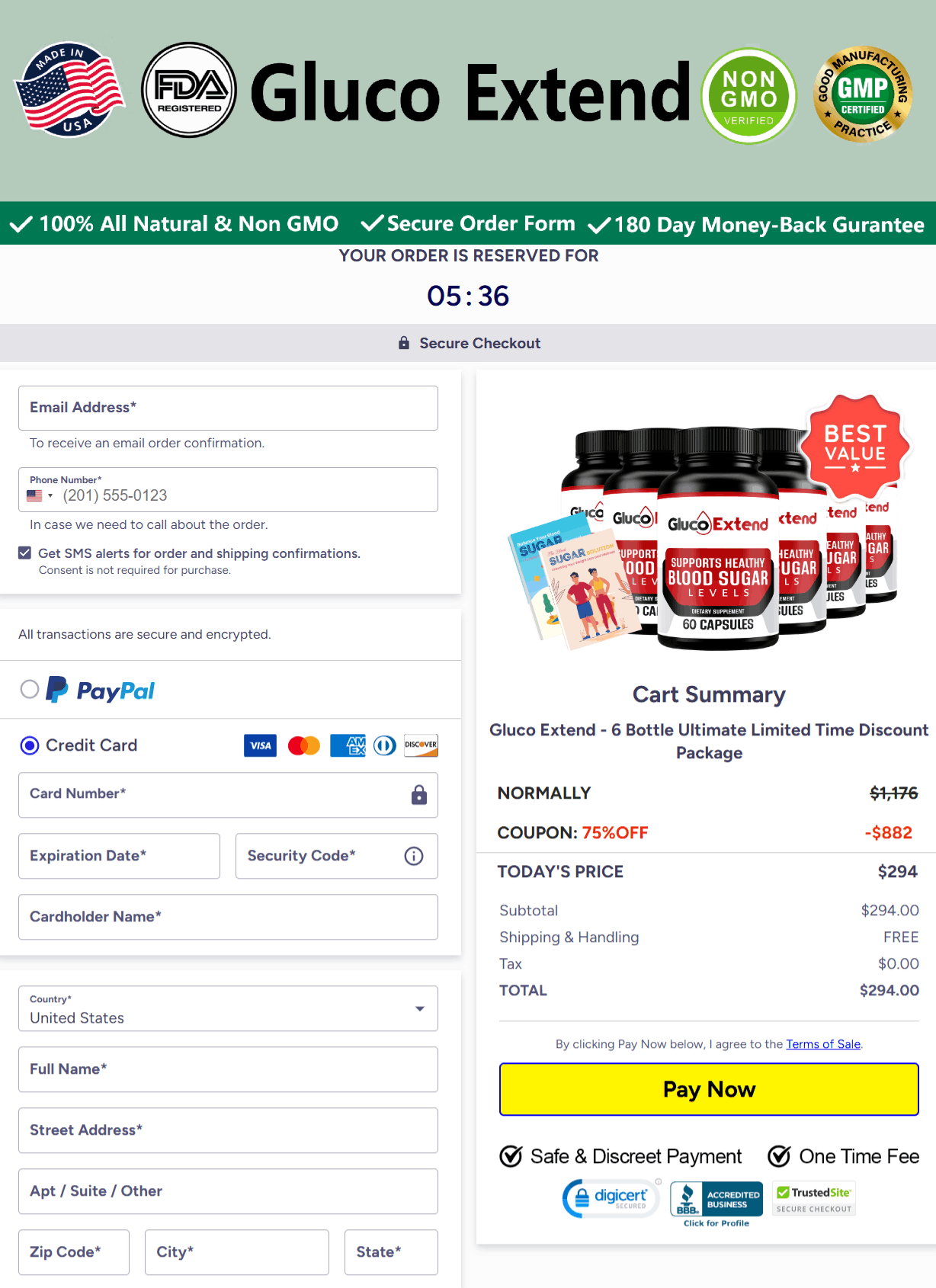 Gluco Extend Checkout page